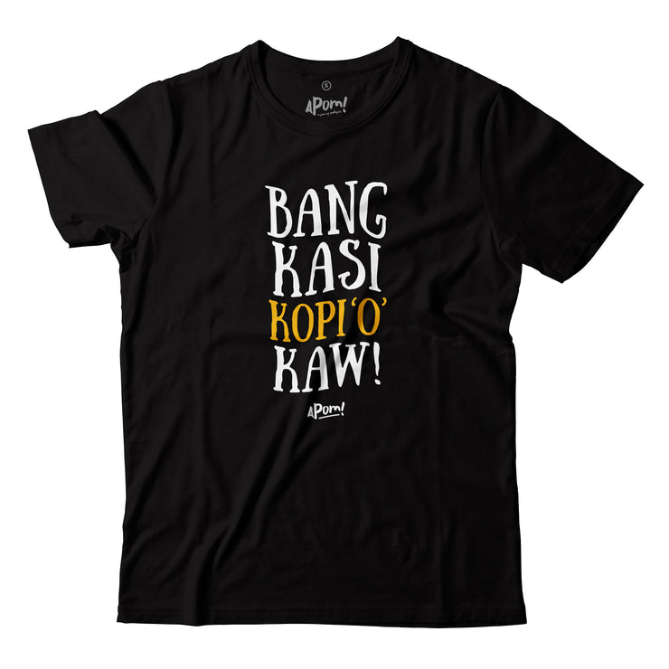This black cotton short sleeved unisex Tee, has black words “Bang kasi kooi O Kaw” in white and yellow. This phrase is commonly used to order to order a strong black coffee at a malaysian mamak. One part serious street-ware, one part tongue in cheek Malaysian humor so often associated with Apom.my. This funny T-Design is part of Apom’s, Mamak Series.