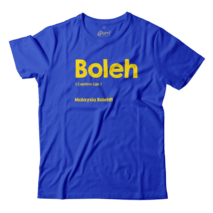Malaysians posses immense self belief in what can be accomplished. ‘Boleh’ simply means ‘Can’. Long before Americans chanted ‘Yes we can’. Malaysians were already saying ‘Malaysia Boleh’! On this Blue Apom Tee the words ‘boleh’ are emblazon in bright yellow!
