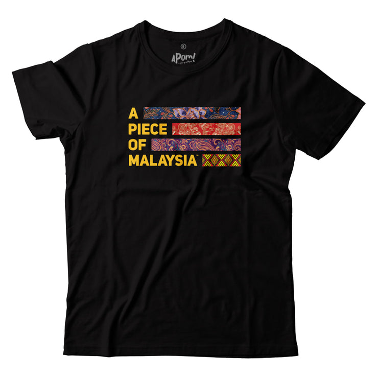 Black Tee with a colourful print of Batik, Kebaya and other traditional fabric. Malaysia’s multicultural unity is captured in this Tee. Featuring the A piece of Malaysia logo made up of the traditional fabric of the Malay, Chinese, Indian and Native East Malaysians.