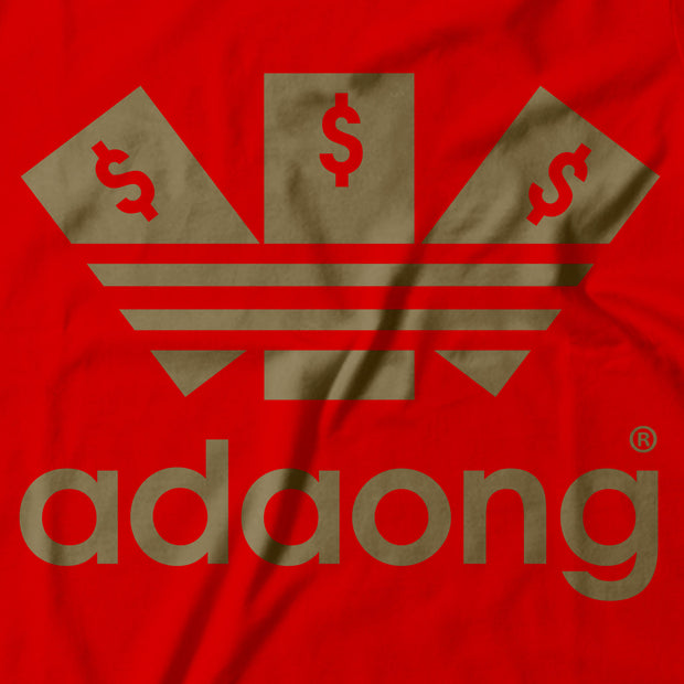 Close up of the Adidas... I mean ‘Adaong’ logo. On a red background.