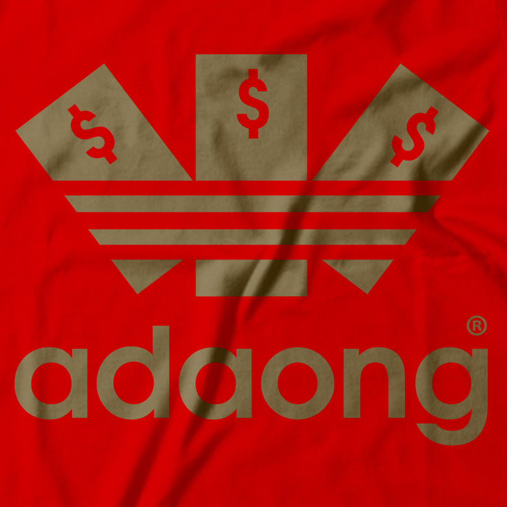 Close up of the Adidas... I mean ‘Adaong’ logo. On a red background.