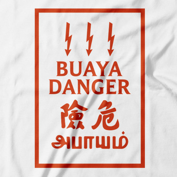 Close up: Bahaya Means Danger, Buaya is aa Slang for a 'Player' which is also dangerous. In this design, Apom takes A Malaysian Danger Sign and juxtaposes it with the word Buaya, Creating a work of parody art that is seriously funny! White cotton T-Shirt with Red print!