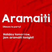 Close up of the Aramaiti Tee, (Let’s party!). - Apom!