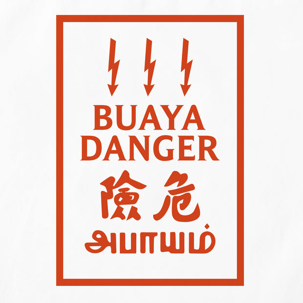 A closeup of a Totebag Design where a typical Malaysian ‘warning high voltage sign’ Is replaced with the words. “Buaya Danger”. A suitable statement for a ladies man who know’s he’a all that. It also makes for an awesome street fashion statement and Malaysian travel gift or souivenir