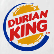 A close up of This White tote bag is emblazon with the Burger King Logo which upon further inspection reads. “Durian King.” It is the perfect Malaysian souvenir and even a street fashion statement. Featuring Apom’s trademark tongue in cheek humour and The king of all fruits; the durian!